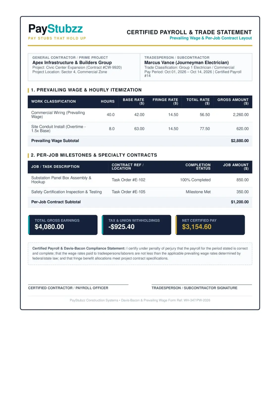 Construction worker pay stub with prevailing wage, hours by job, and deductions