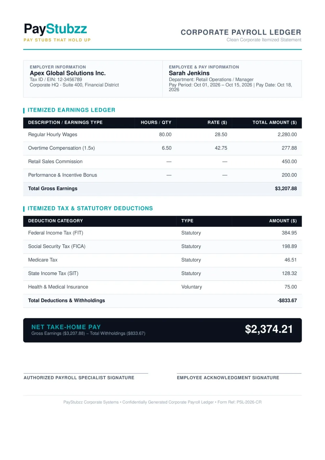 Salaried pay stub sample with itemized earnings, tax deductions, and net take-home pay